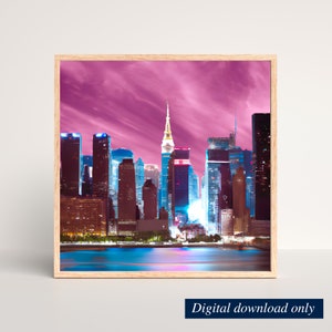 Pink New York City Skyline Ai Art Print, Manhattan Skyline Wall Art, Instant Download, Downloadable Digital Print, Printable Art