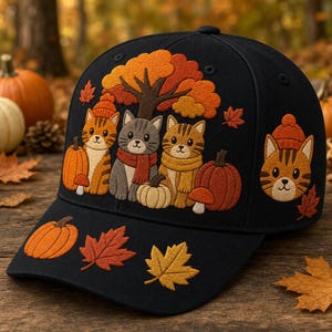 May include: A black baseball cap featuring embroidered autumn-themed designs. The front displays three cats wearing hats and scarves, surrounded by pumpkins, mushrooms, and a tree with orange leaves. A cat face and leaves are on the side.
