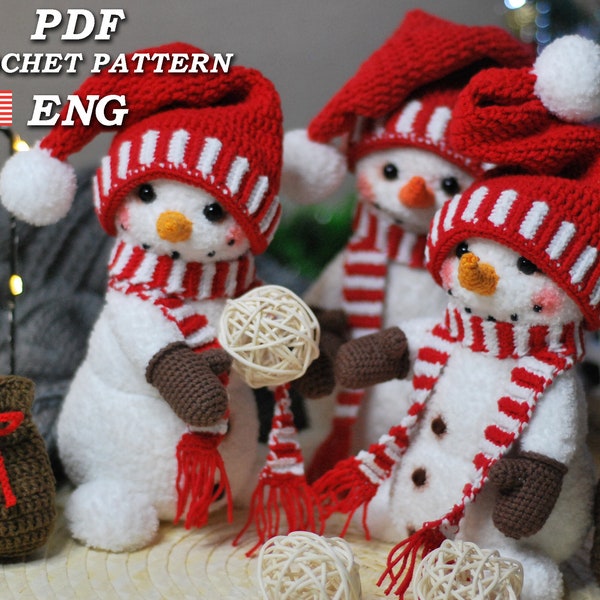 Crochet PATTERN Snowman christmas toy, amigurumi xmas PDF tutorial in Eng, Cute Snowball crochet Christmas snowman doll, Christmas Amigurumi