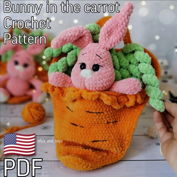 Crochet pattern funny bunny easter bunny pattern PDF in Eng amigurumi bunny tutorial rabbit with carrot knitted rabbit,Amigurumi plush bunny