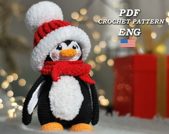 Gehaakt pinguïnpatroon PDF in Engels, Amigurumi-pinguïn in muts en sjaal, gehaakt kerstpatroon, gehaakt dierenpatroon, amigurumi-dieren