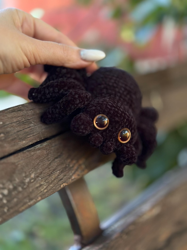 Peut inclure: Une araign&eacute;e crochet&eacute;e marron fonc&eacute; avec de grands yeux brun dor&eacute;. Le jouet en peluche a huit pattes et un corps textur&eacute;. L'araign&eacute;e est pos&eacute;e sur une surface en bois.