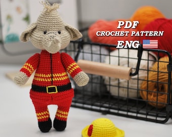 Crochet Pattern Elephant fireman. Amigurumi elephant pattern PDF in Eng. Crochet funny animals pattern. DIY crochet toy Elephant fireman