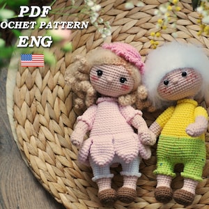 Crochet doll pattern, amigurumi doll PDF tutorial, cute interior crochet dolls boy and girl, DIY dolls SET of 2 crochet Pattern in Eng