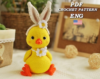 Crochet pattern Chicken PDF in Eng, Easter chicken crochet pattern. Amigurumi chicken easter pattern, chick with bunny ears easter pattern