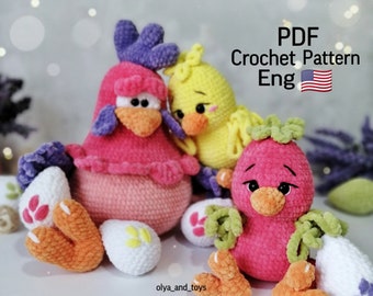 Poule et poussin au crochet, modèle PDF amigurumi poule et poussin en anglais, oiseau amigurumi, jolie décoration de Pâques en peluche poule au crochet, oiseau de Pâques au crochet