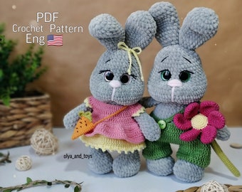 Crochet Bunnies pattern, Easter amigurumi bunny pdf pattern in engl, crochet easter rabbit knitted teddy bunny, toys animals plush bunny