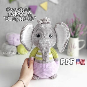 Crochet Elephant Pattern, Amigurumi Elephant PDF pattern in Eng, crochet animals pattern, amigurumi toys safari pattern, Amigurumi Tutorial