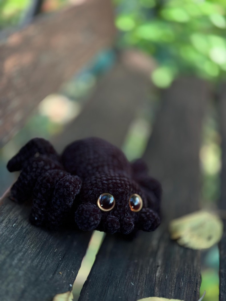 Peut inclure: Araign&eacute;e noire en crochet, faite &agrave; la main, avec de grands yeux brillants de couleur ambre. Le jouet en peluche est pos&eacute; sur un banc en bois vieilli, avec un arri&egrave;re-plan vert flou. L'araign&eacute;e a huit pattes et un corps arrondi.