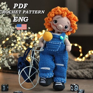 Cute crochet doll boy Valentine , doll with clothes, doll in overalls and with backpack, frame doll, crochet pattern in Ing, DIY toys