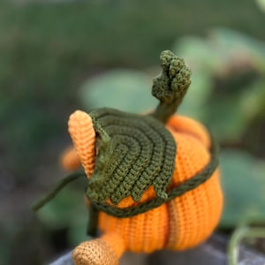 May include: A crocheted pumpkin toy with a green stem and leaves. The pumpkin is orange and has a textured surface.