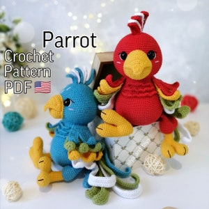 Crochet Pattern cute parrot PDF in English, amigurumi parrot tutorial, knitted bird, Crochet plush parrots toys, crochet bird pattern