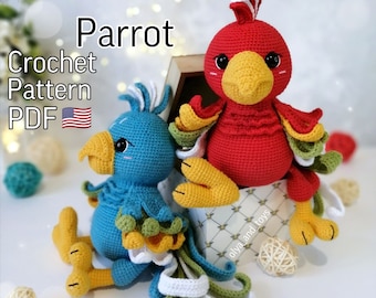 Modèle au crochet perroquet mignon PDF en anglais, tutoriel perroquet amigurumi, oiseau tricoté, jouets perroquets en peluche au crochet, motif oiseau au crochet