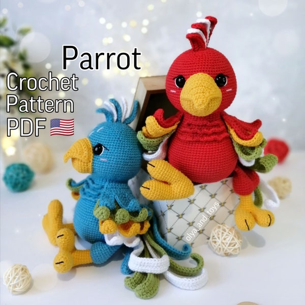 Modèle au crochet perroquet mignon PDF en anglais, tutoriel perroquet amigurumi, oiseau tricoté, jouets perroquets en peluche au crochet, motif oiseau au crochet