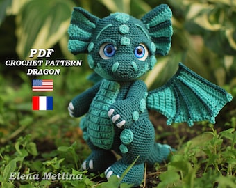 Patron de dragon au crochet, modèle amigurumi jouet dragon, modèle amigurumi fantaisie dragon volant PDF en anglais/français, amigurumi animal Dragon vert