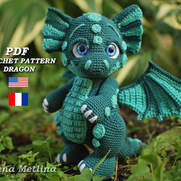 Patron de dragon au crochet, modèle amigurumi jouet dragon, modèle amigurumi fantaisie dragon volant PDF en anglais/français, amigurumi animal Dragon vert