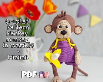 Crochet Pattern Monkey in overalls, Amigurumi Monkey Pattern in Eng, Crochet  Monkey with banana, amigurumi animals pattern, crochet animals