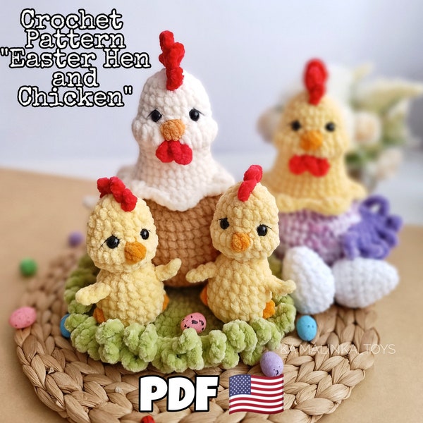 Crochet Easter Pattern Hen and Cute Chicken, Chicken Crochet Pattern PDF in Eng, Easter Crochet Pattern, Amigurumi Plush Hen, Set Pattern