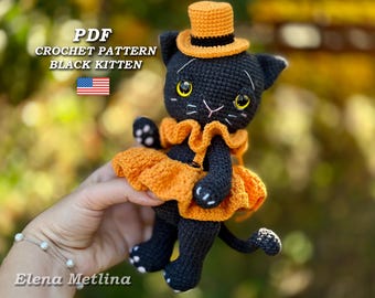 Crochet Halloween Black cat pattern amigurumi kitty toys amigurumi cat pattern PDF in Eng. Crochet cat Halloween decor pattern crochet doll