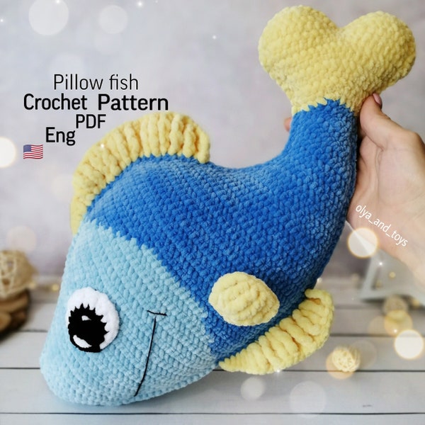 Patron au crochet coussins poisson PDF en anglais, tuto coussin amigurumi poisson, coussin pour chambre enfant, coussin décoratif, style marin, amigurumi