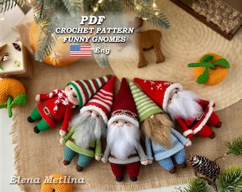 May include: A crochet pattern for making five funny gnomes. The gnomes are wearing different colored hats and outfits. The pattern is available in English. PDF CROCHET PATTERN FUNNY GNOMES Eng