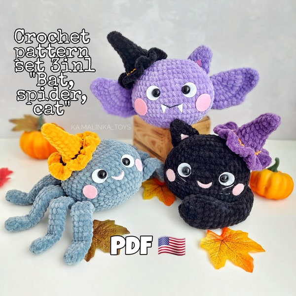 Crochet Pattern halloween Bat, funny Spider, black Cat, Amigurumi Halloween Spider Pattern PDF in Eng Crochet Pattern, Halloween toy Pattern