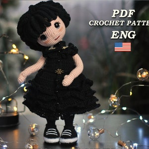 Crochet doll pattern, amigurumi doll in black dress, doll with two sets of clothes, crochet pattern PDF in eng, toy doll crochet for girls