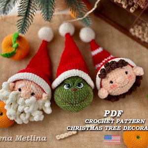 Crochet pattern Christmas tree decorations Santa Claus and evil green elf, amigurumi Christmas tree toy crochet pattern PDF Eng tree decor