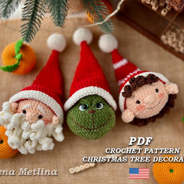 Crochet pattern Christmas tree decorations Santa Claus and evil green elf, amigurumi Christmas tree toy crochet pattern PDF Eng tree decor
