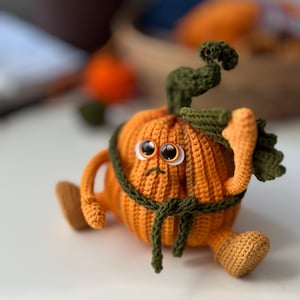 May include: A crocheted pumpkin with a green stem and a green crocheted belt. The pumpkin has a sad expression with two large eyes.