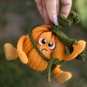 May include: A crocheted pumpkin toy with a green stem and large eyes. The pumpkin is orange and has a sad expression. The toy is being held by a hand.