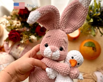Haakpatroon konijntje en gansje, amigurumipatroon pluche schattig konijntje, amigurumi paashaaspatroon pdf in ENG, knuffel konijn