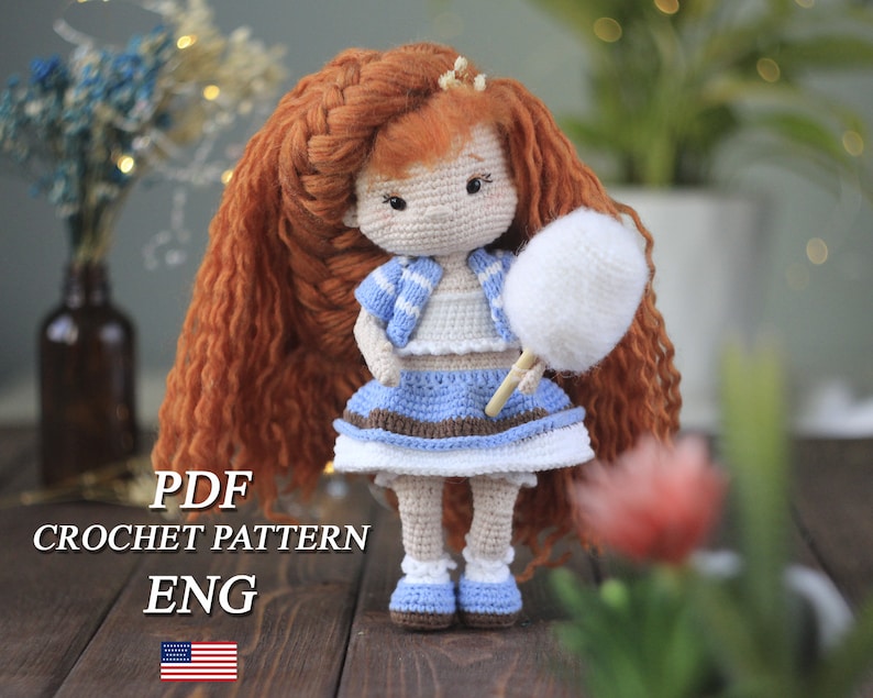 Cute crochet red-haired Caramelka the doll with removable clothes, Doll crochet pattern, Doll amigurumi tutorial, English PDF Pattern 画像 1
