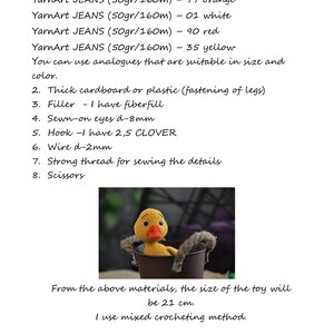 May include: A crocheted yellow duckling toy sitting in a brown bucket. The duckling has black eyes and an orange beak. The caption reads "From the above materials, the size of the toy will be 21 cm. I use mixed crocheting method."