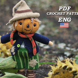 Halloween crochet toy cute Scarecrow/amigurumi scarecrow pattern PDF ENG/funny Hay the pumpkin scarecrow/Halloween decorative crochet toy