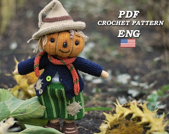 Halloween crochet toy cute Scarecrow/amigurumi scarecrow pattern PDF ENG/funny Hay the pumpkin scarecrow/Halloween decorative crochet toy