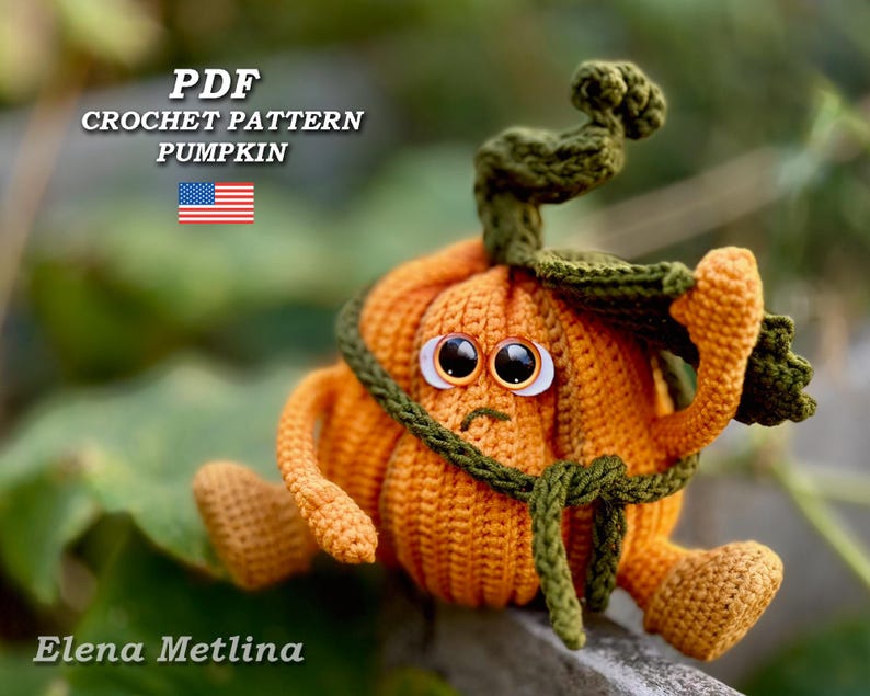 May include: Crochet pattern PDF for a cute orange pumpkin with green leaves and a sad face. The pattern is available for download.