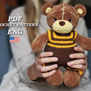 Crochet Bear Pattern, Amigurumi teddy bear plush crochet pattern, Amigurumi Bear crochet with clothes size 9.8&quot; PDF Pattern in Eng