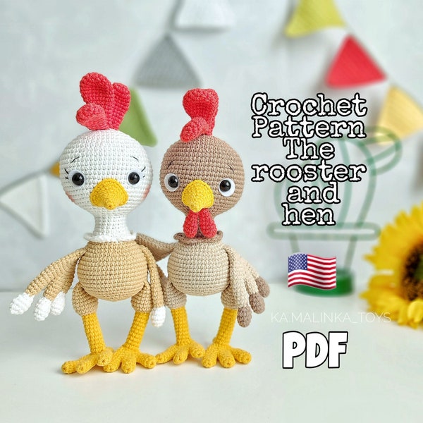 Motif de crochet de coq et de poule, motif de crochet d'oiseau, poulet d'amigurumi, décor de Pâques