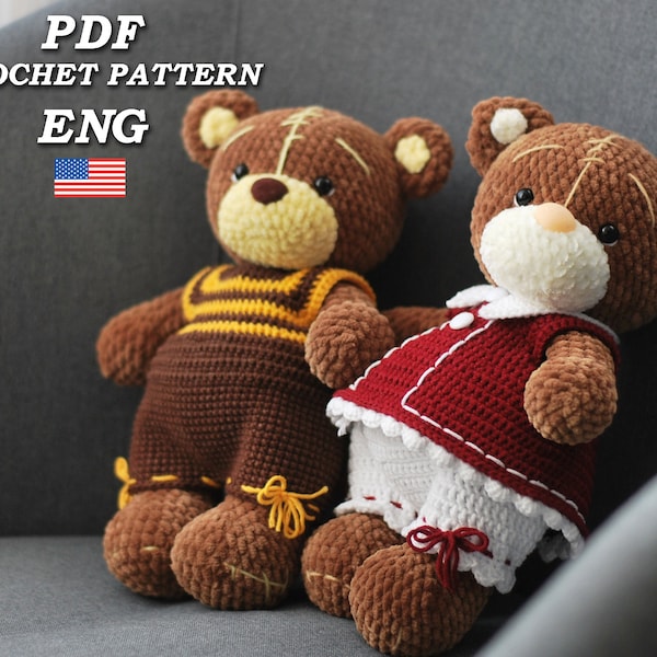 Häkelanleitung Teddybär mit Kleidung/ Zwei Bärenanleitungen in einem/ Anleitung Amigurumi-Teddybären Junge und Mädchen/ Bärengröße 9,8". PDF in englischer Sprache