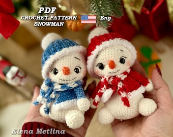 Christmas crochet snowman pattern PDF in Eng, Christmas tree decoration toy