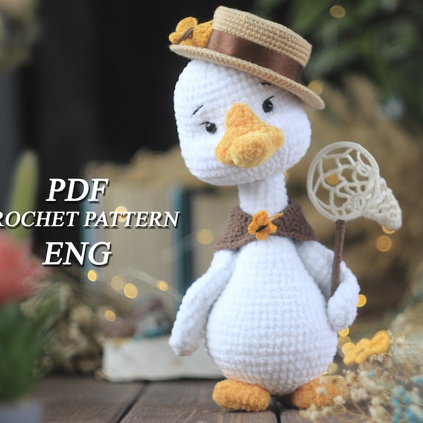 Patrón de ganso de crochet. Amigurumi ganso con gorro con pañuelo y cazamariposas Peluche ganso de Pascua a crochet pdf en ESP Tutorial ganso a crochet