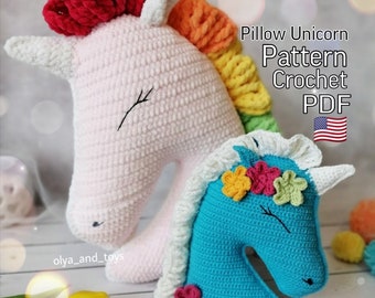 Crochet pattern cute Unicorn pillow, funny horse crochet pattern PDF in Eng, amigurumi toy tutorial, decorative pillow, unicorn amigurumi