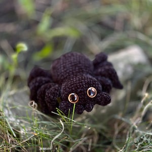 Peut inclure: Une araign&eacute;e au crochet marron fonc&eacute; avec huit pattes et de grands yeux dor&eacute;s brillants. L'araign&eacute;e est plac&eacute;e dans un lit d'herbe verte, cr&eacute;ant un cadre naturel. L'araign&eacute;e faite &agrave; la main est un objet d&eacute;coratif unique.