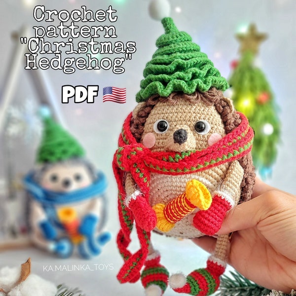 Crochet Pattern Christmas Hedgehog, Amigurumi Cute Hedgehog pattern PDF in ENG, Crochet Pattern Hedgehog, Christmas Pattern Hedgehog animal