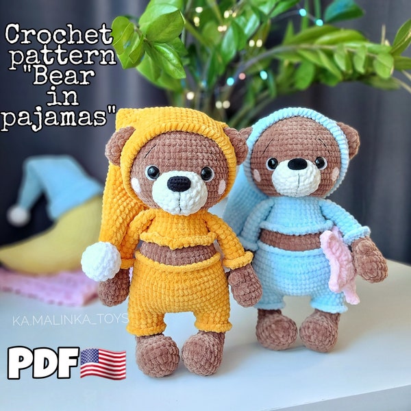 Wzór szydełkowy Niedźwiedź w piżamie, klasyczny samouczek zabawek amigurumi pluszowy miś, uroczy pluszowy miś pluszowy szydełkowy wzór PDF Eng, wzór zabawki zwierzę