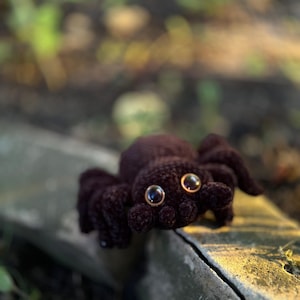 Peut inclure: Un jouet d'araign&eacute;e fait &agrave; la main, en crochet marron fonc&eacute;, avec de grands yeux brillants brun dor&eacute;. L'araign&eacute;e a huit pattes et un corps arrondi. Le jouet en peluche repose sur une surface en b&eacute;ton, avec un arri&egrave;re-plan vert flou.