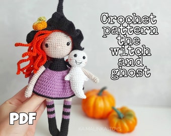 Amigurumi English Crochet Pattern doll Witch and Ghost, Crochet Doll Pattern, Halloween Witch, Halloween Ghost, Halloween Decor