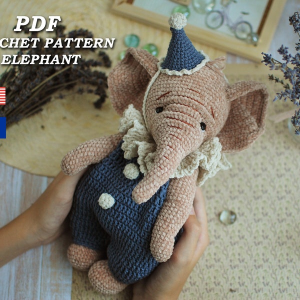 Wzór słonia na szydełku. Wzór słonia amigurumi w formacie PDF. Miś Słoń wykonany na szydełku. Wzór zwierząt na szydełku. Wzór amigurumi w formacie PDF