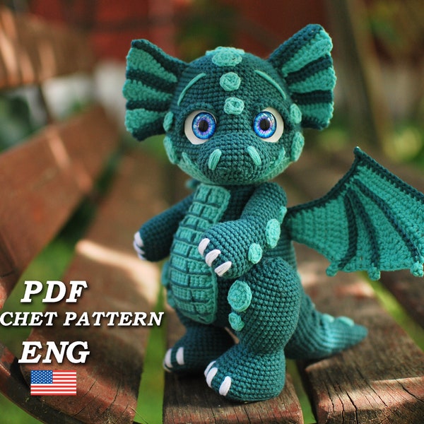 Modèle de dragon au crochet PDF en anglais, modèle de jouet au crochet de dragon amigurumi, modèle de dino au crochet, Dragon Amigurumi au crochet, dinosaure amigurumi